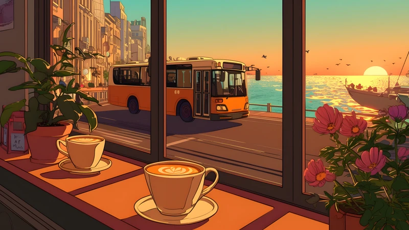 Japanese Coastal Cafe 4K Desktop Wallpaper