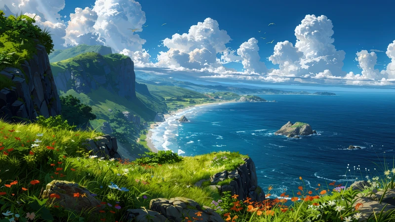 Studio Ghibli Coastal Cliff 4K Desktop Wallpaper