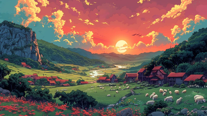 Japanese Village Sunset 8K Ultra HD Wallpaper Collection - Pack with 6 wallpapers for $1