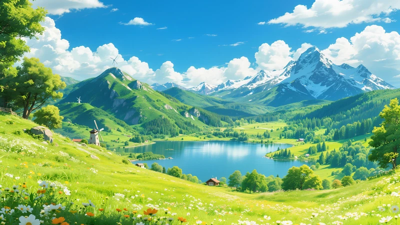 European Countryside Lake Scene 8K Desktop Wallpaper