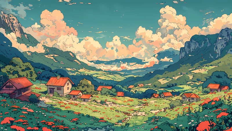 Anime Valley Village 4K Desktop Wallpaper