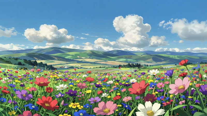 Ghibli-Style Flower Field 8K Ultra HD Desktop Wallpaper