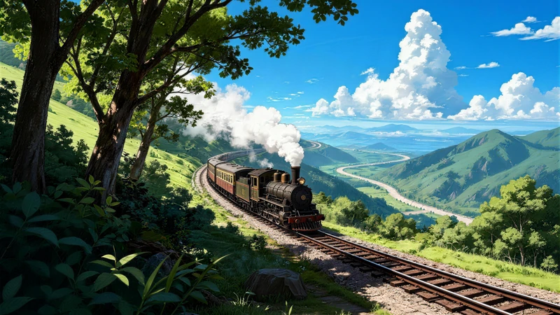Studio Ghibli-Style Train Valley 8K Desktop Wallpaper