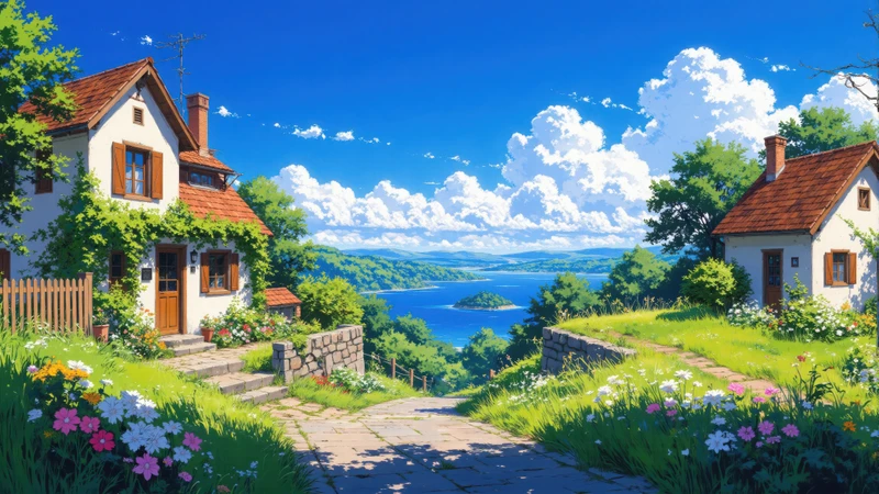 Ghibli Style Village Lake 4K Desktop Wallpaper