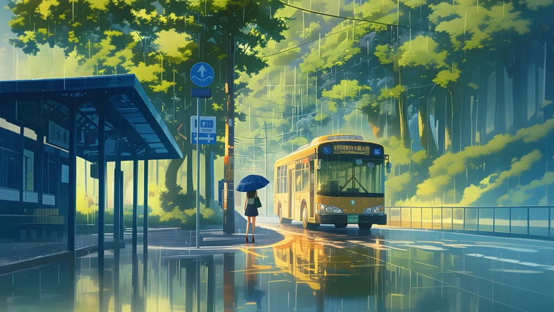 Anime Rainy Bus Stop 8K Ultra HD Desktop Wallpaper
