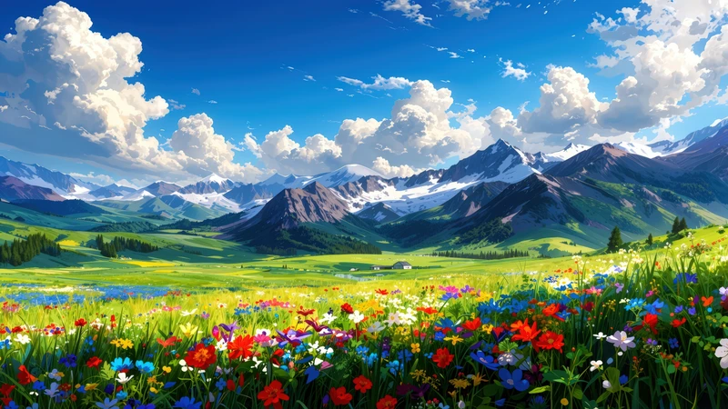 Anime Alpine Meadow 4K Desktop Wallpaper