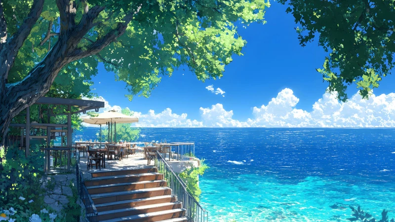 Japanese Anime Seaside Restaurant 8K Ultra HD Desktop Wallpaper