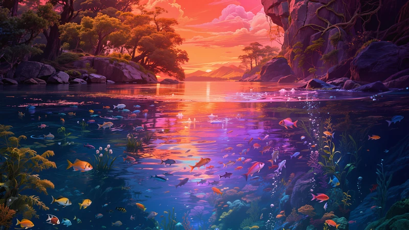 Dreamy Lake Scene with Fish Schools 8K Desktop Wallpaper