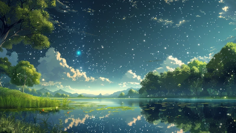 Oriental Art Starry Night Lake 8K Ultra HD Desktop Wallpaper