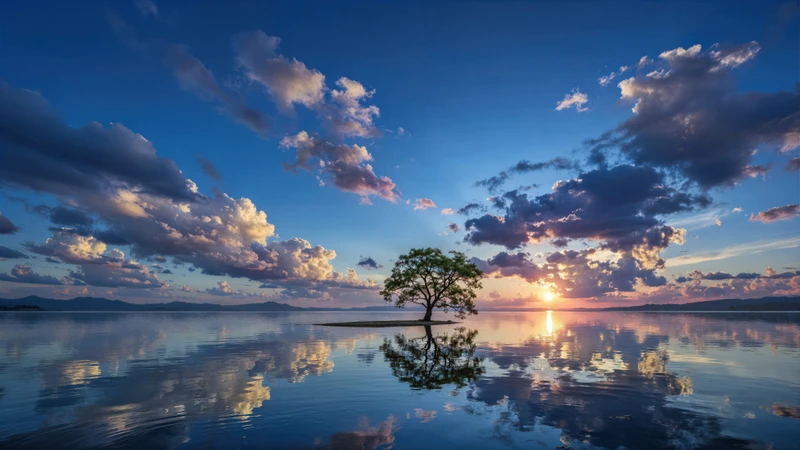 Zen Lake Sunset Tree 8K Ultra HD Desktop Wallpaper