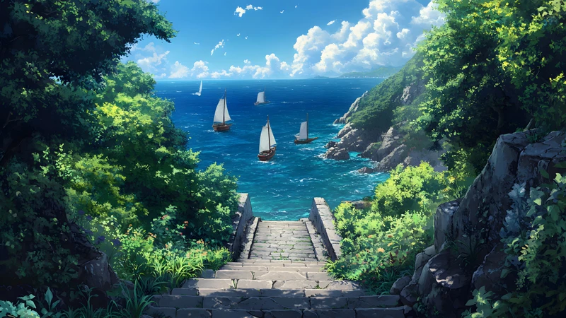 Japanese Anime Coast Sailboats 8K Ultra HD Desktop Wallpaper