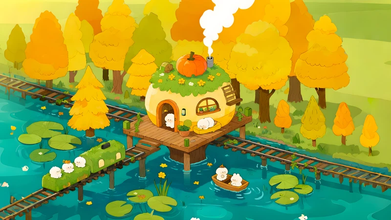 Cartoon Autumn Forest Cottage 4K Desktop Wallpaper