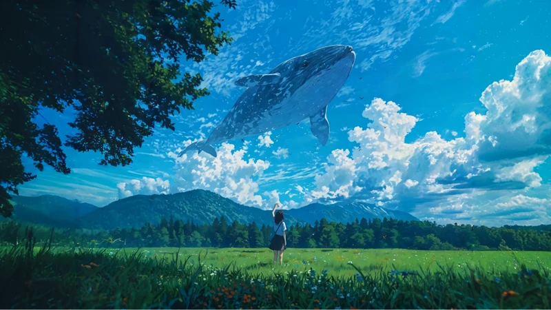 Ghibli Style Floating Whale Sky 8K Ultra HD Desktop Wallpaper