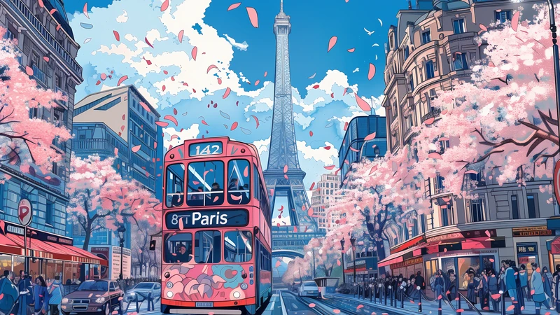 Paris Cherry Blossom Street Scene 8K Desktop Wallpaper