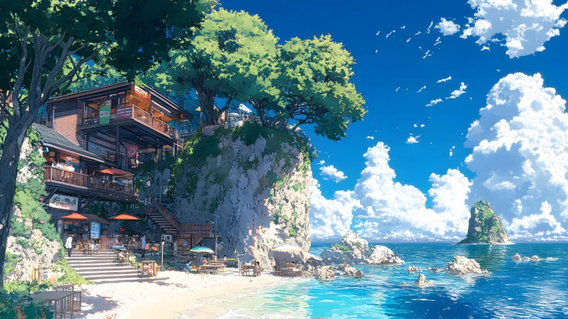 Japanese Anime Seaside Cliff House 8K Desktop Wallpaper