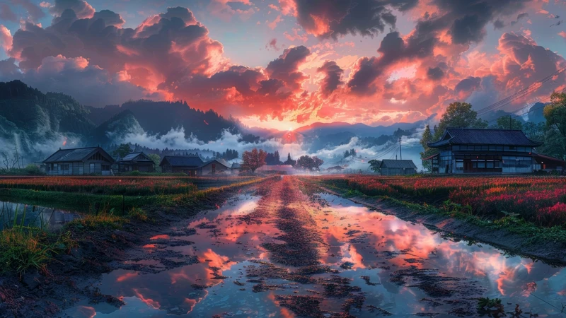 Japanese Rural Sunset 8K Ultra HD Desktop Wallpaper