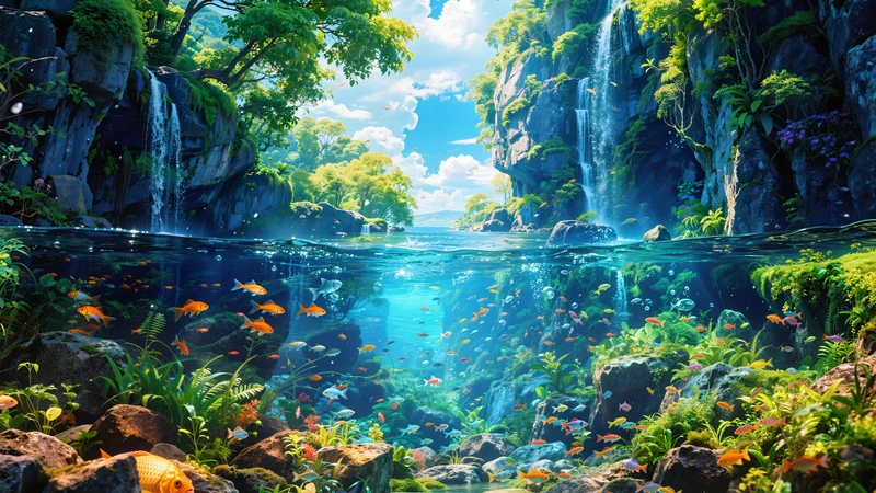 Fantasy Forest Waterfall 8K Ultra HD Desktop Wallpaper