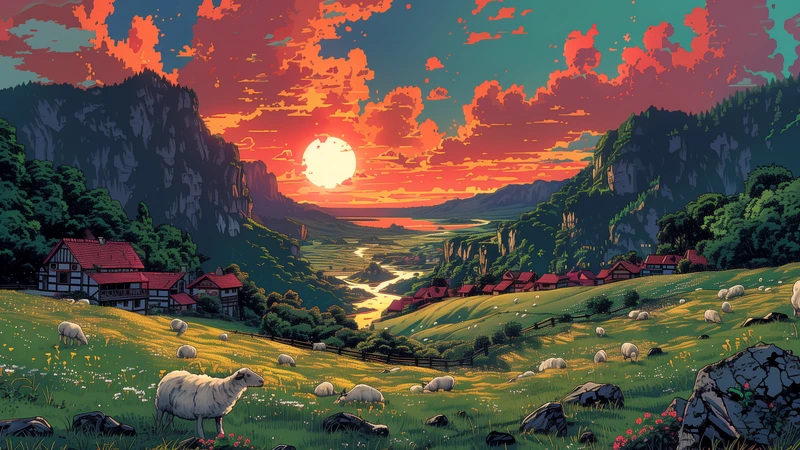 Anime Valley Sunset 8K Ultra HD Desktop Wallpaper