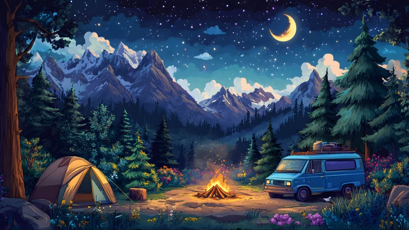 Illustration Camping Night Sky 8K Ultra HD Desktop Wallpaper