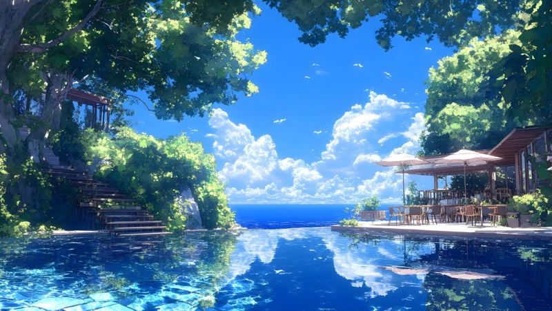 Japanese Anime-Style Pool and Ocean View 8K Wallpaper