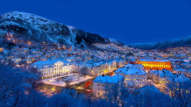 Alpine Winter Town Night 4K Desktop Wallpaper