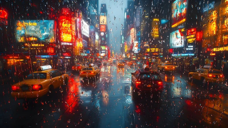Cyberpunk Rainy Cityscape 8K Ultra HD Desktop Wallpaper