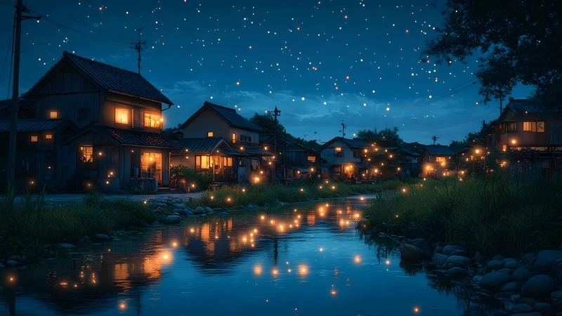 Japanese Village Night Sky 4K Desktop Wallpaper