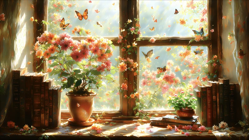 Oriental Art Window Garden 8K Ultra HD Desktop Wallpaper