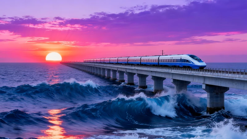 Sunset Seaside High-Speed Rail 8K Ultra HD Desktop Wallpaper
