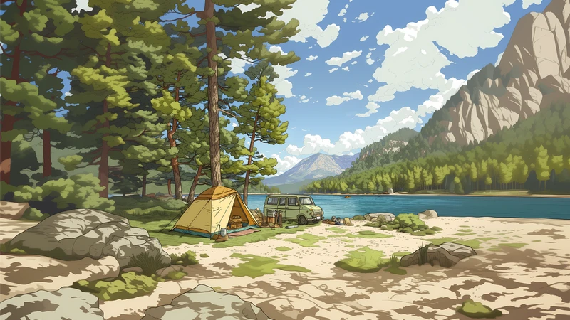 Anime Forest Lake Campsite 8K Ultra HD Desktop Wallpaper