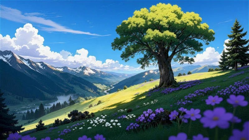 Ghibli-Style Valley Tree 8K Desktop Wallpaper