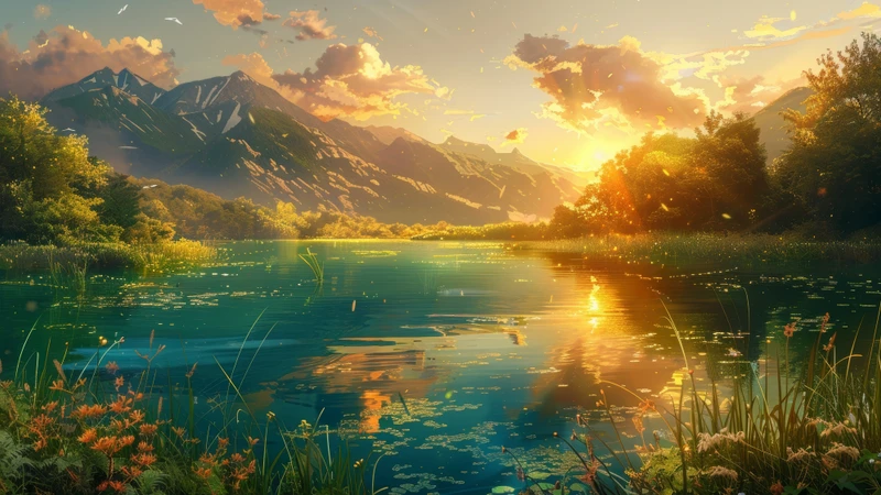 Oriental Art Mountain Lake Sunset 8K Ultra HD Desktop Wallpaper