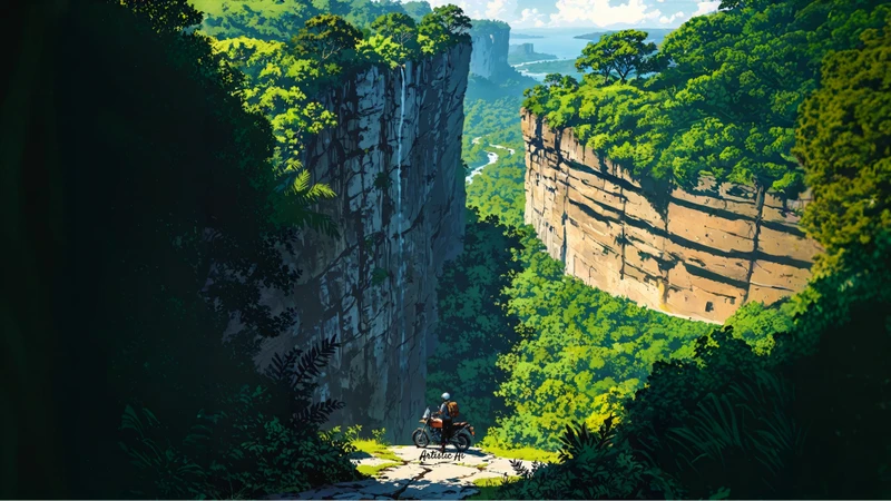 Studio Ghibli Style Canyon Road 8K Ultra HD Desktop Wallpaper
