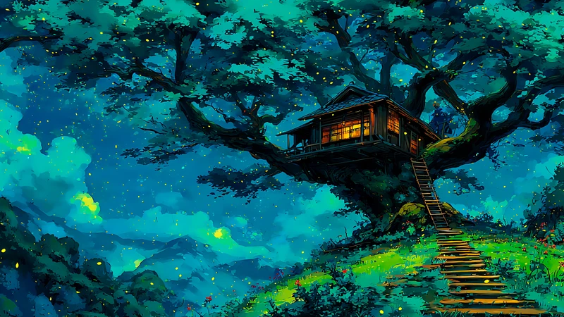 Japanese Anime Treehouse Night 4K 8K Ultra HD Wallpaper Collection - Pack with 3 wallpapers for $1