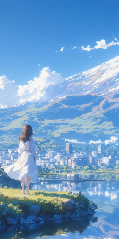 Anime Style Girl by Mount Fuji 8K Ultra HD Phone Wallpaper