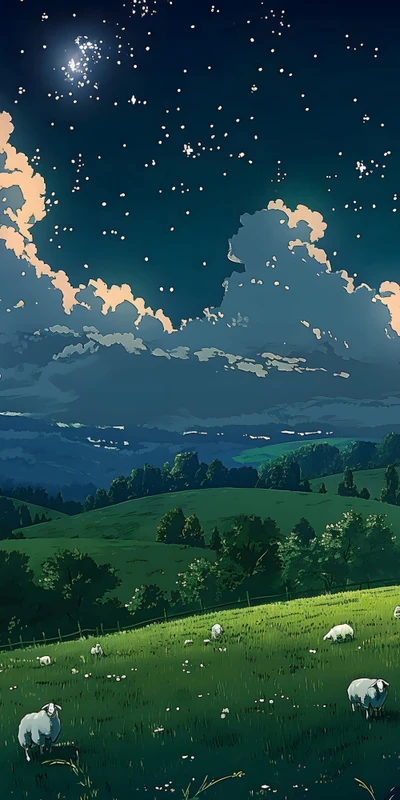 Miyazaki-Style Night Sky Meadow 8K Desktop Wallpaper