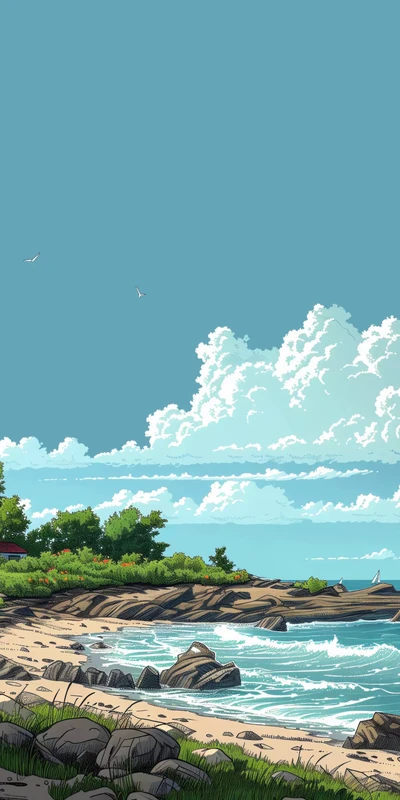 Anime Coastal Beach 4K Phone Wallpaper