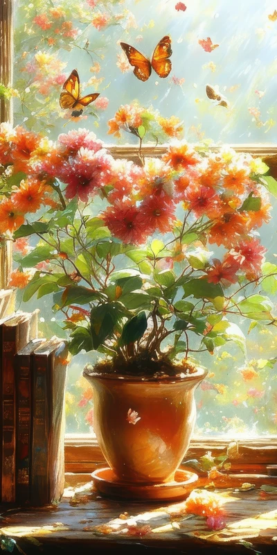 Japanese Floral Window Scene 4K Phone Wallpaper