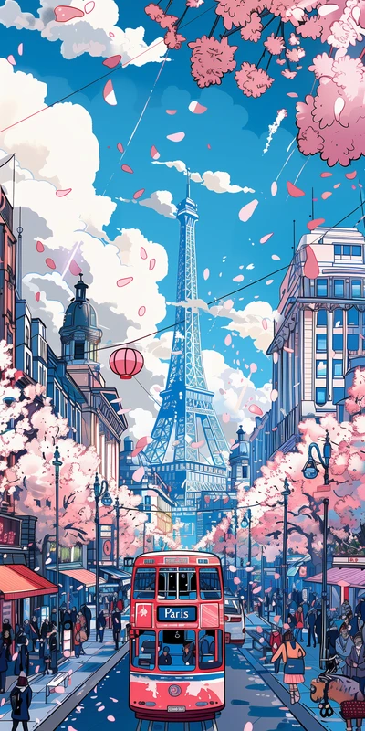 Japanese Anime Paris Cherry Blossoms 8K Desktop Wallpaper