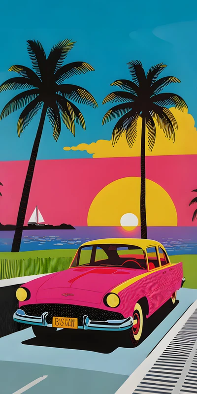 Retro Tropical Sunset Car 8K Ultra HD Phone Wallpaper