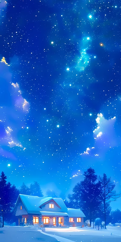 Winter Night Sky Cabin 8K Ultra HD Phone Wallpaper