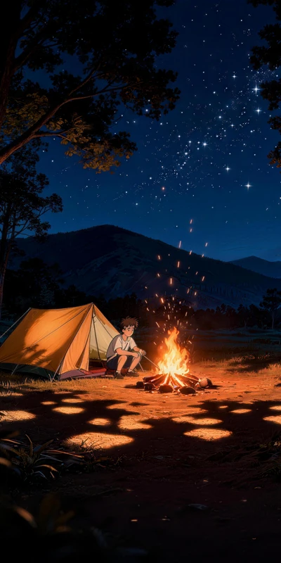Japanese Anime Camping Bonfire 8K Desktop Wallpaper