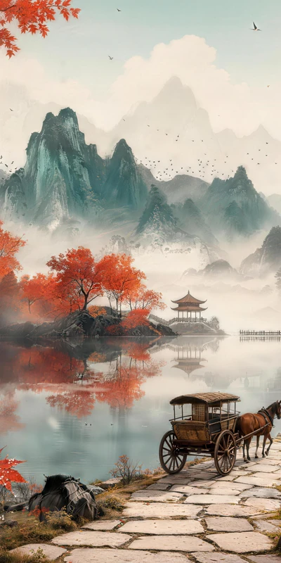 Chinese Style Autumn Landscape Mountains Lake 8K Desktop Wallpaper