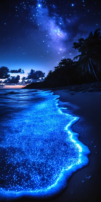 Tropical Bioluminescent Beach 8K Ultra HD Phone Wallpaper