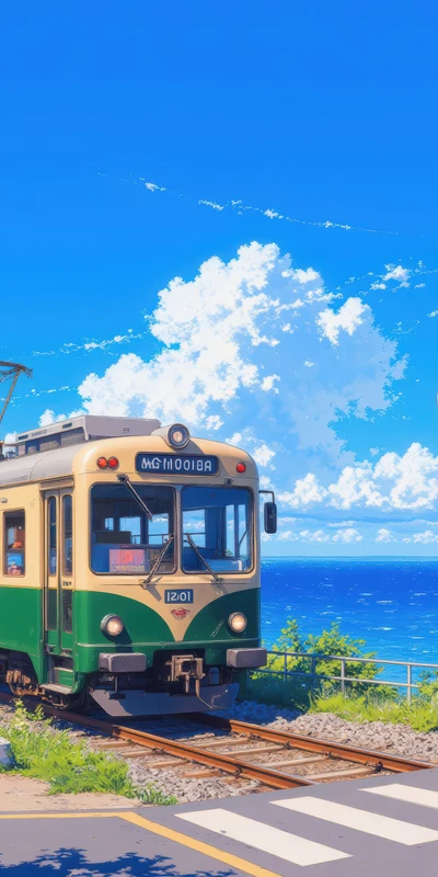 Anime Coastal Train 8K Ultra HD Phone Wallpaper