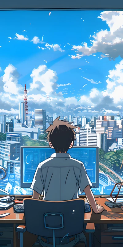 Anime Cityscape Desk View 8K Ultra HD Phone Wallpaper
