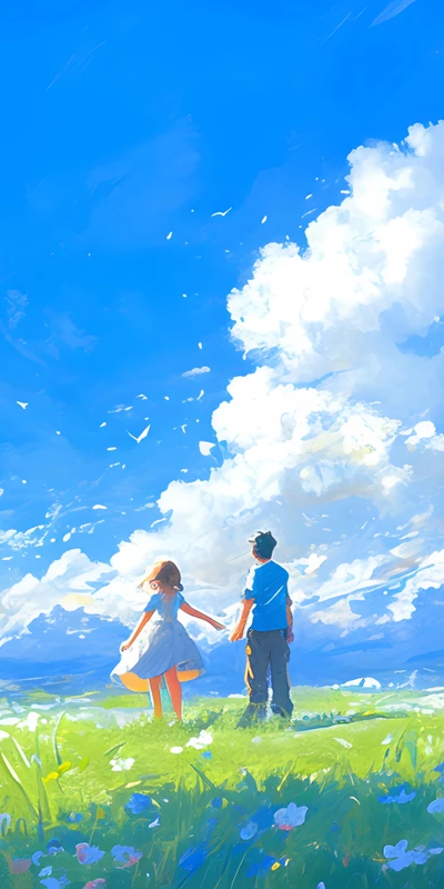 Anime Style Couple in Flower Field 8K Ultra HD Phone Wallpaper