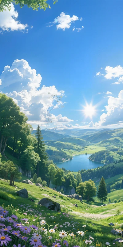 Anime-Style Valley Lake Landscape 8K Desktop Wallpaper