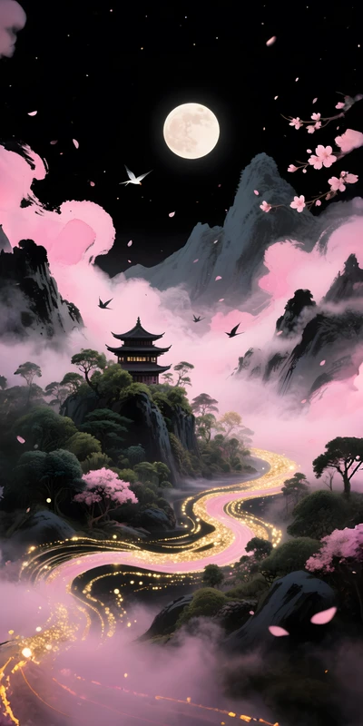 Oriental Art Moonlit Cherry Blossom Path 8K Phone Wallpaper