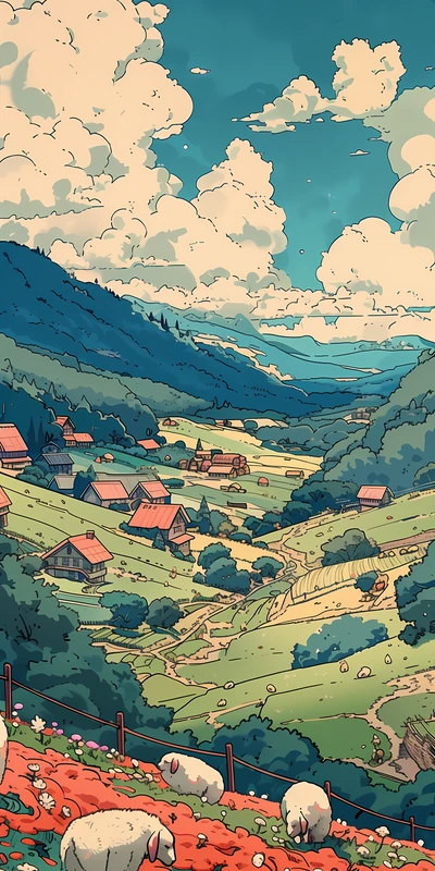 Studio Ghibli Style Mountain Village 8K Ultra HD Phone Wallpaper